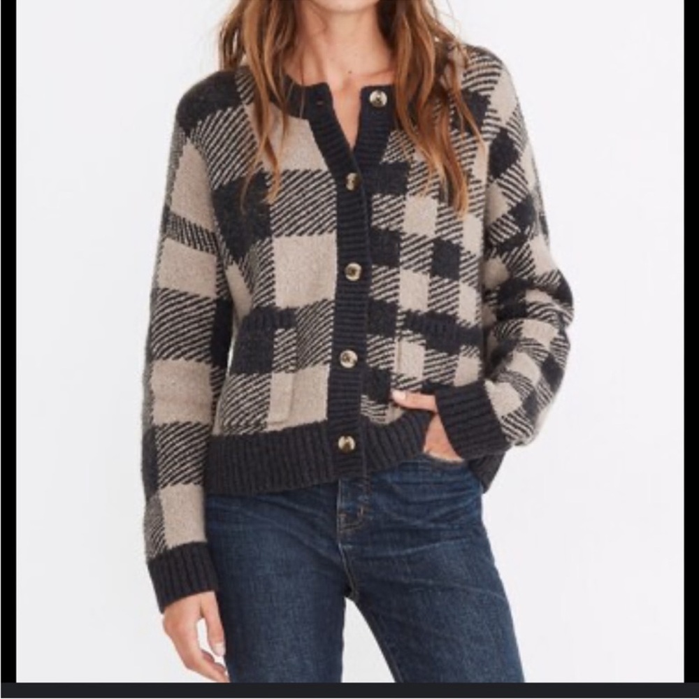 Madewell Tan and Black Gingham Cardigan
